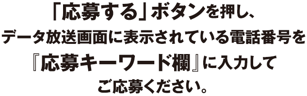 「応募する」ボタンを押し、データ放送画面に表示されている電話番号を『応募キーワード欄』に入力してご応募ください。