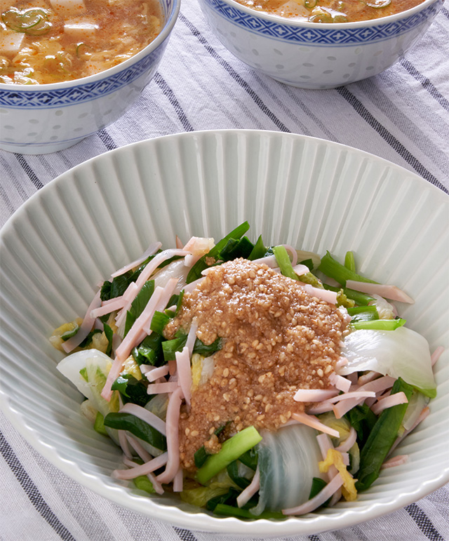 白菜とにらのごま酢だれ・白菜煮汁のかき玉スープ