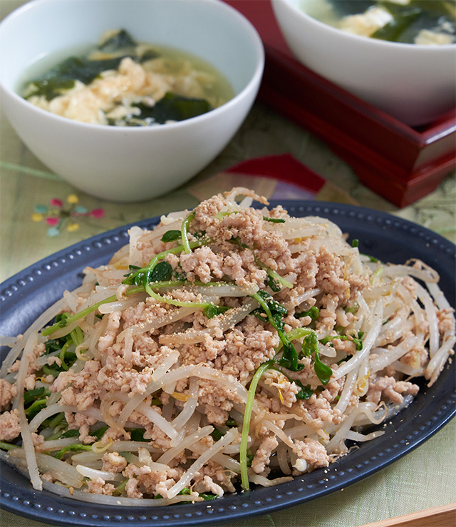 もやしと豆苗のおかずナムル・ゆで汁のかき玉スープ