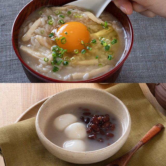 そば湯おじや・そば湯の白玉ぜんざい