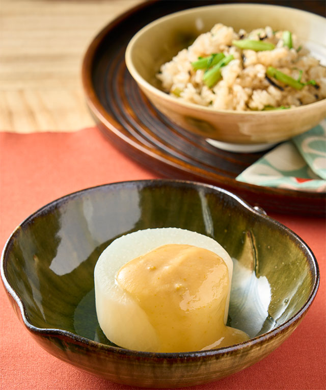 ふろふき大根の柚子みそかけ・塩昆布菜めし