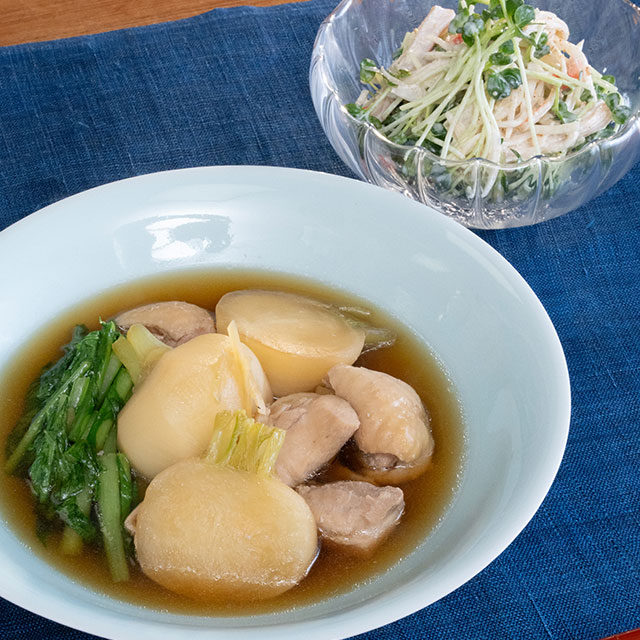 鶏とかぶの余熱煮・かぶの皮のマヨあえ