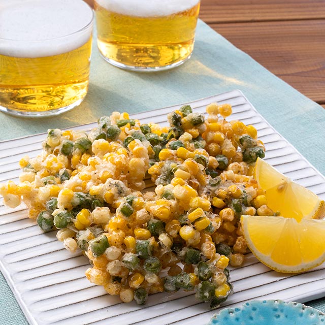 とうもろこしとさやいんげんのかき揚げ