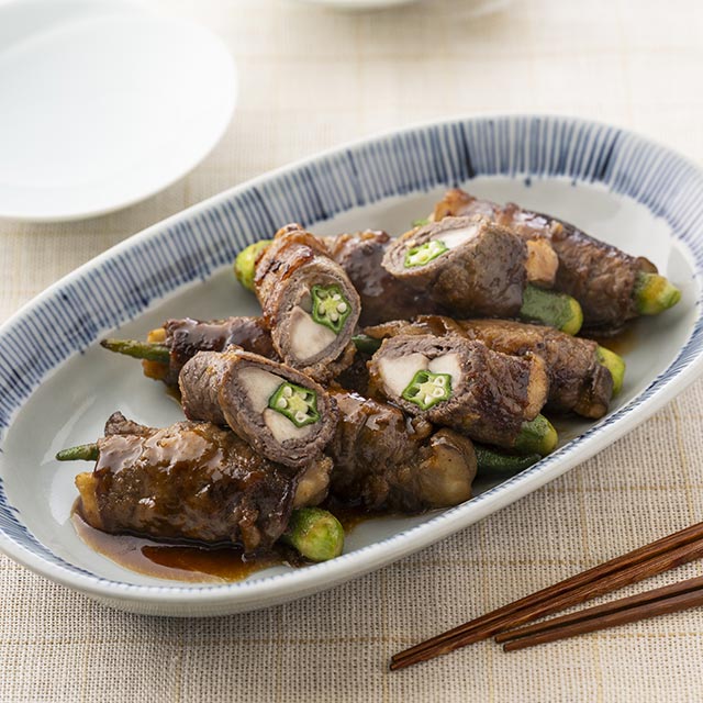 オクラとエリンギの肉巻き焼き