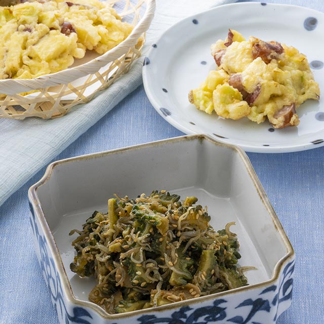 ゴーヤとじゃこのしぐれ煮・ゴーヤの種とワタのかき揚げ