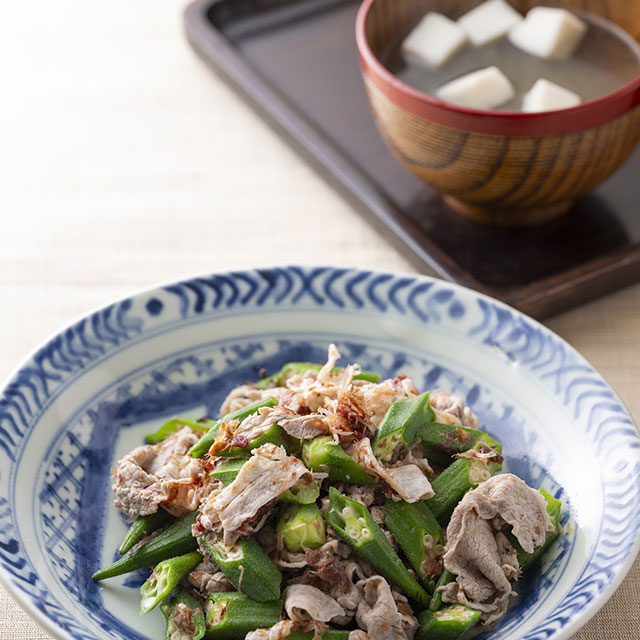 ゆで豚とオクラの梅がつおあえ・梅風味の吸いもの