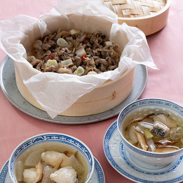 豚肉の豆豉（トウチ）蒸し・大根とたらのスープ