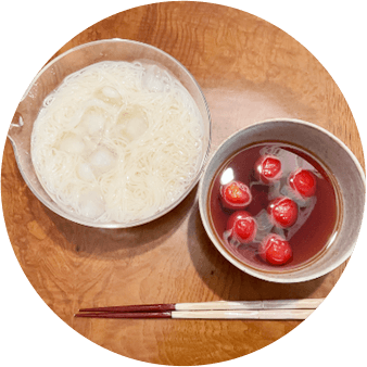 冷凍ミニトマトのつゆとそうめん